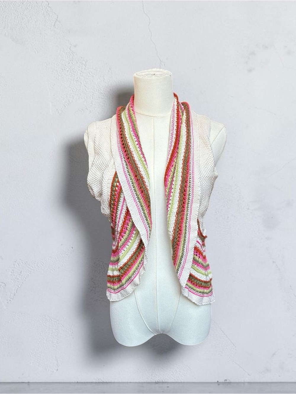 American Rag White Knit Open-Front Vest with Pink and Green Stripes
